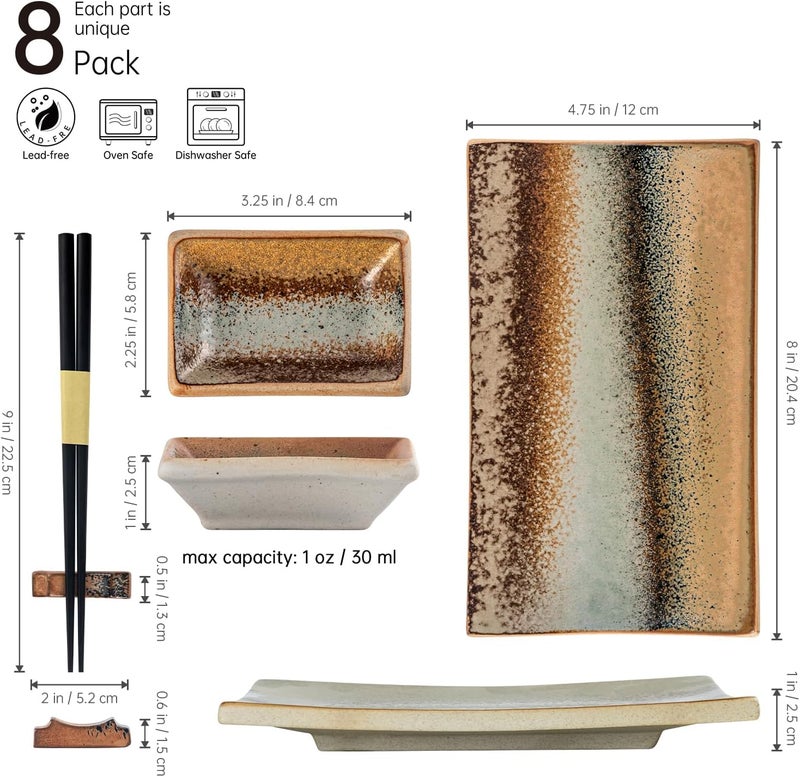 UNICASA Japanese Style Sushi Plate Set 8 Piece, Ceramic Sushi Dishes Serving Set, Include 2 Sushi Plates, 2 Sauce Dishes, 2 Pairs of Chopsticks, 2 Chopsticks Holders - Image 2